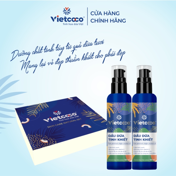 Hộp combo 2 chai dầu dừa tinh khiết Vietcoco 130ml (tặng kèm túi vải đựng bình nước)