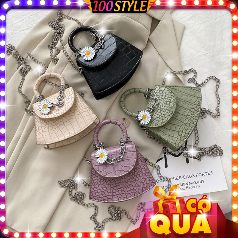 Túi mini nhỏ nắp tròn phối xích hoa cúc xinh - 100style