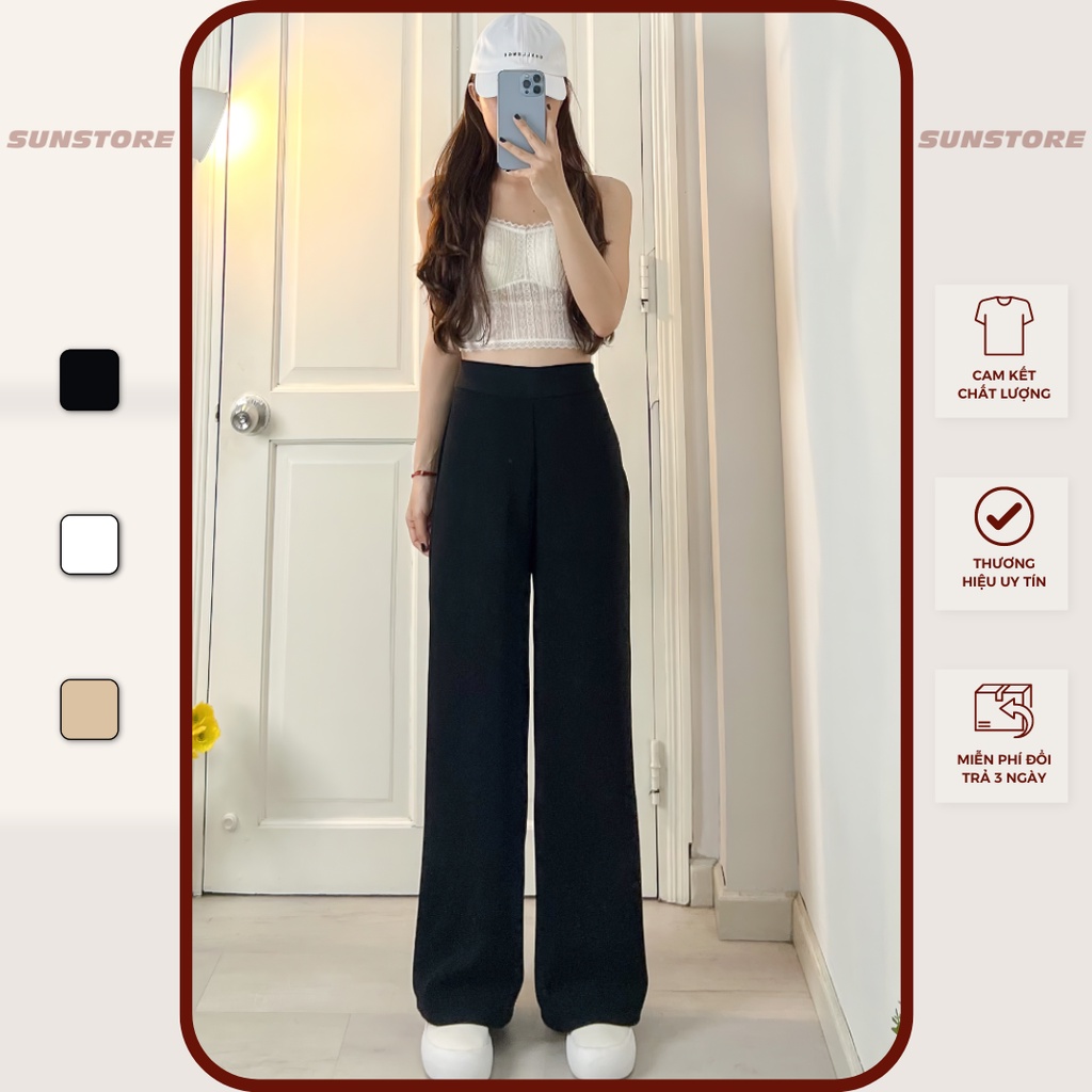 Quần ống rộng nữ lưng cạp cao vải culottes khoá sườn dáng suông dài chất dày màu đen be OriPant Q34 - Sunstore