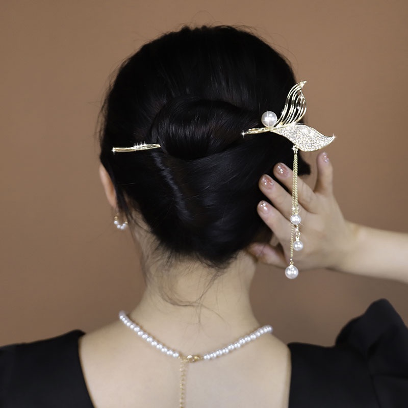 Trâm Cài Tóc Hình Đuôi Cá Đính Đá Và Hạt Châu Đơn Giản Thời Trang