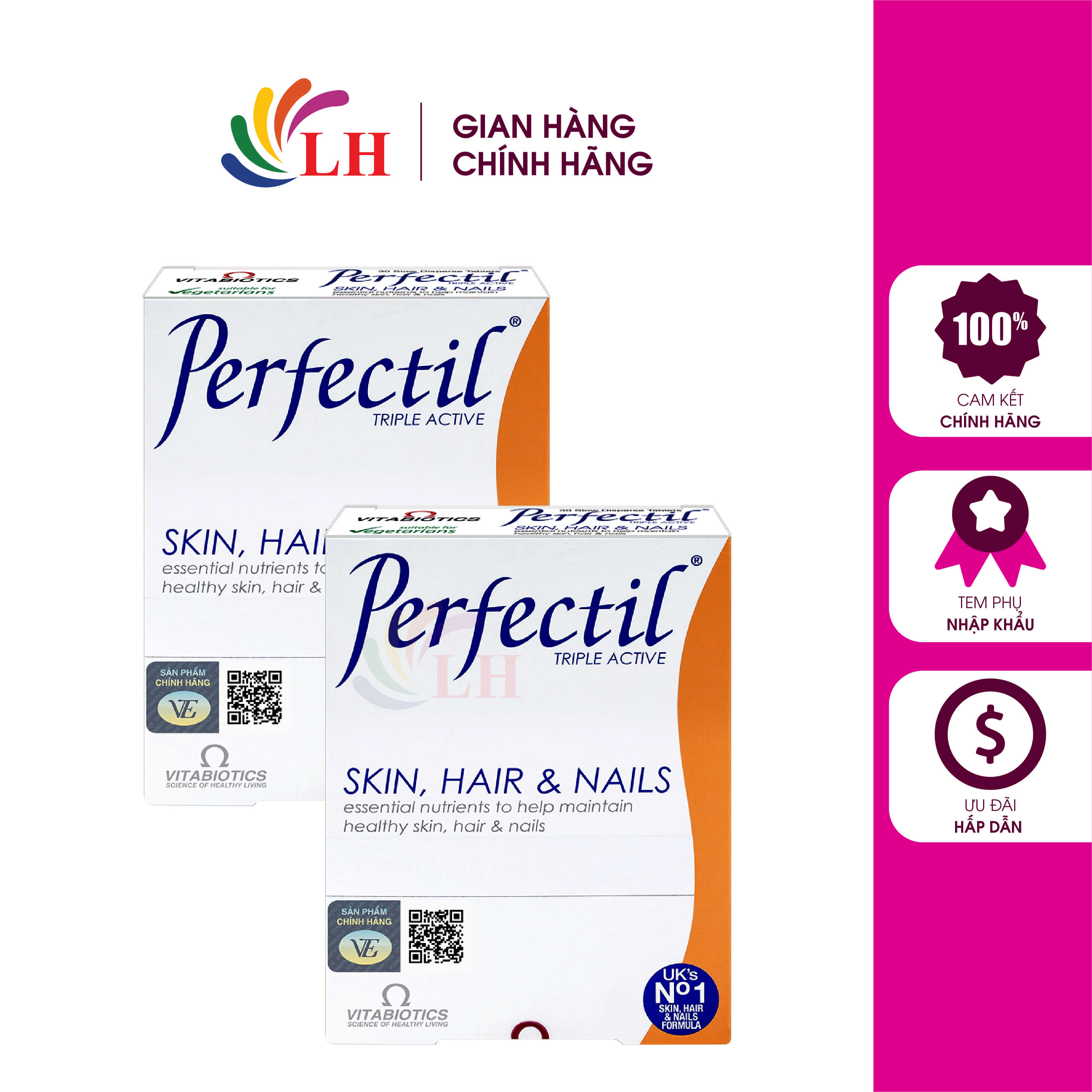 Viên uống Vitabiotics Perfectil Triple Active hỗ trợ da, tóc, móng - Bổ sung vitamin và khoáng chất chăm sóc da, tóc, móng
