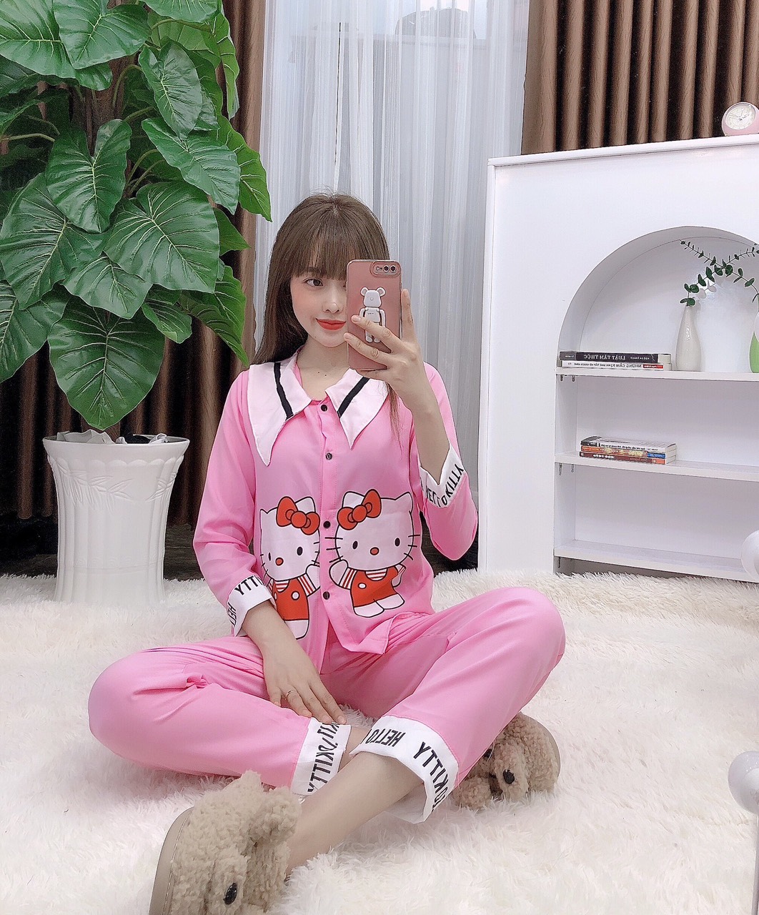 Đồ Bộ Pijama Tay Dài Vải Kate Lụa Cột Nơ Mềm Mại Freesize Dưới 58Kg