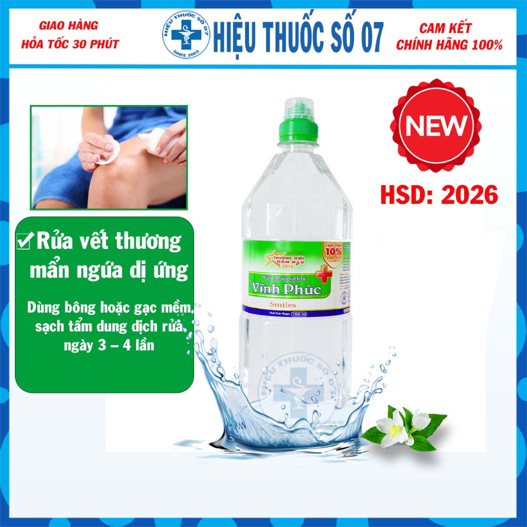 Nước Muối Sinh Lý Vĩnh Phúc Natri Clorid 0.9% Rửa Mũi Sát Khuẩn Chai 1000ml