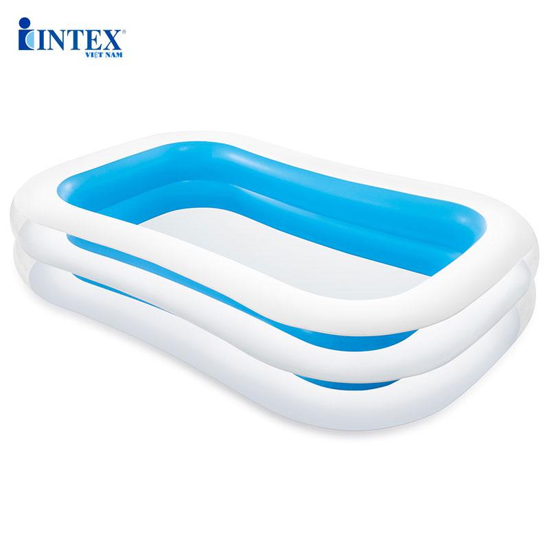 Bể bơi phao trẻ em khổng lồ INTEX 56483, hồ bơi phao cho bé 2 tầng hình chữ nhật, hút xả hơi tiện dụng, màu xanh trong suốt mát mẻ - Chính hãng INTEX, Bảo hành 12 tháng