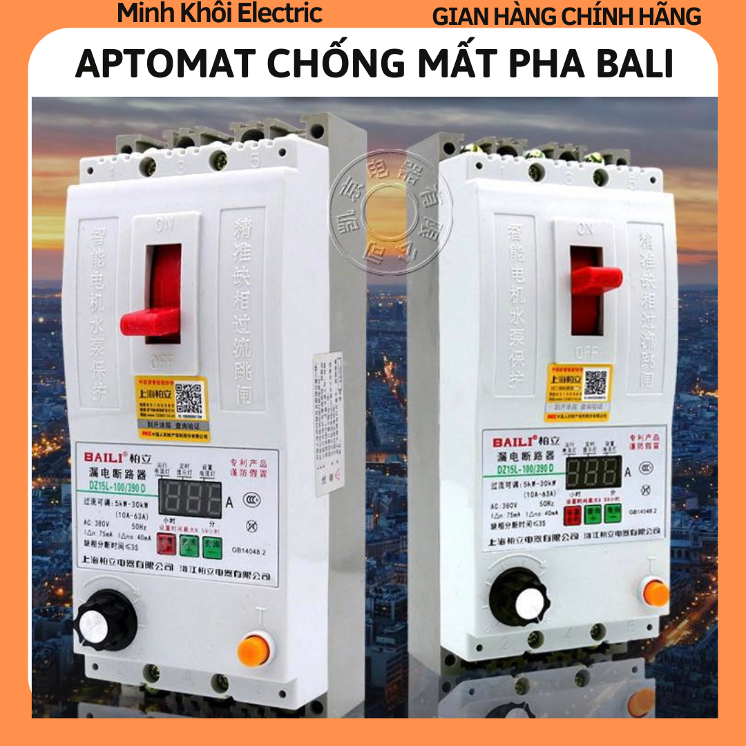 Attomat chống mất pha bali, aptomat bảo vệ mất pha bali,40a 63a 100a, cầu dao bảo vệ mất pha công suất 1.1 kw - 30 kw