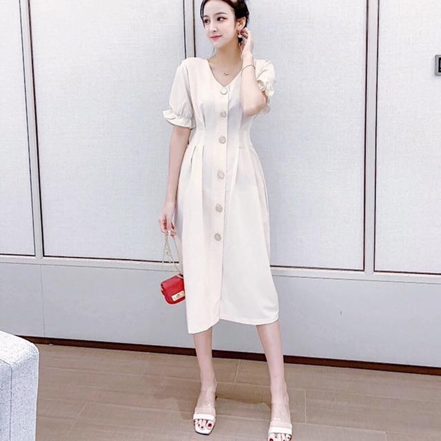 [HCM]Đầm trắng xếp li eo tay nhúng