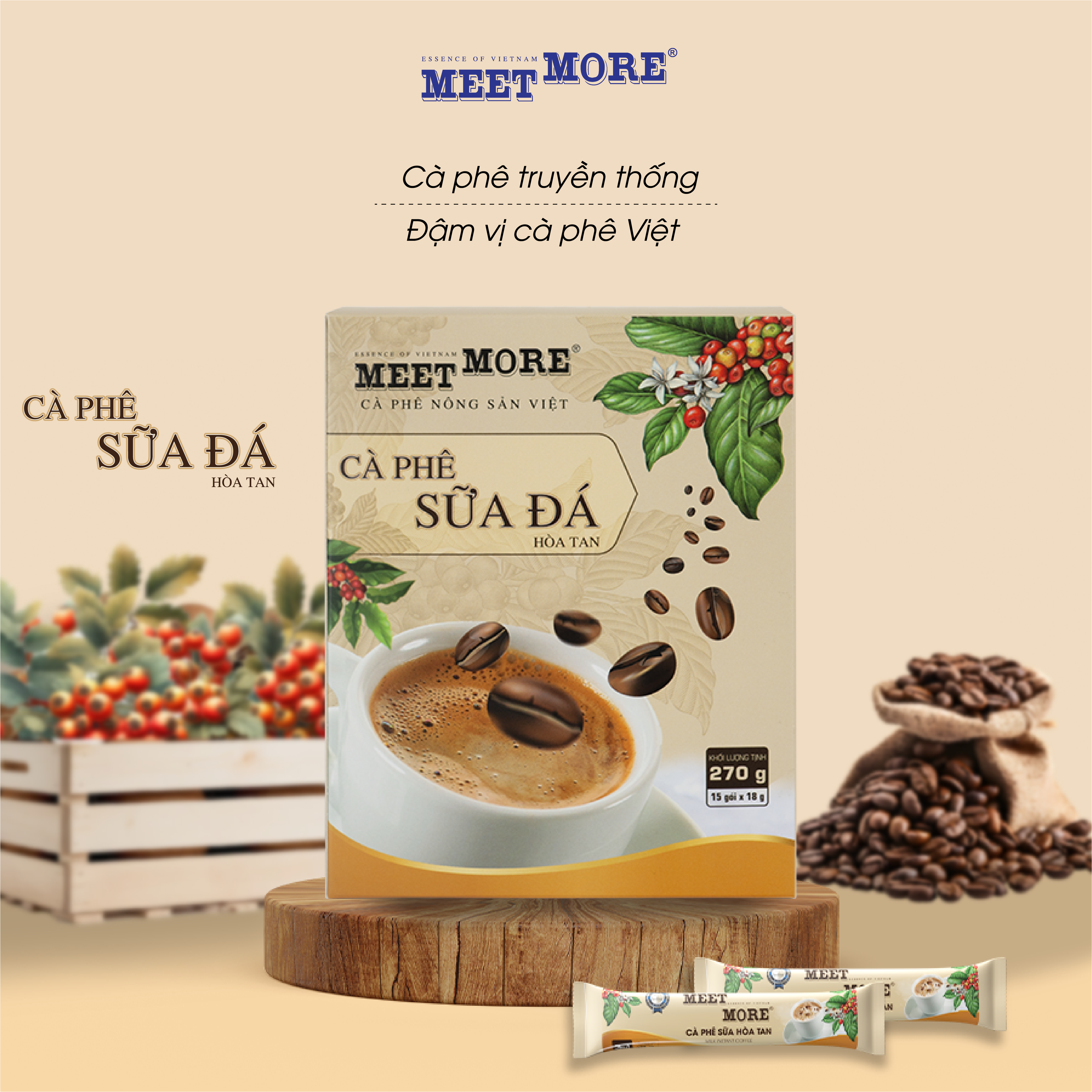 Hộp Cà Phê Sữa Đá Hoà Tan Meet More (15 Gói/ 18 Gram ) - Cà Phê Truyền Thống