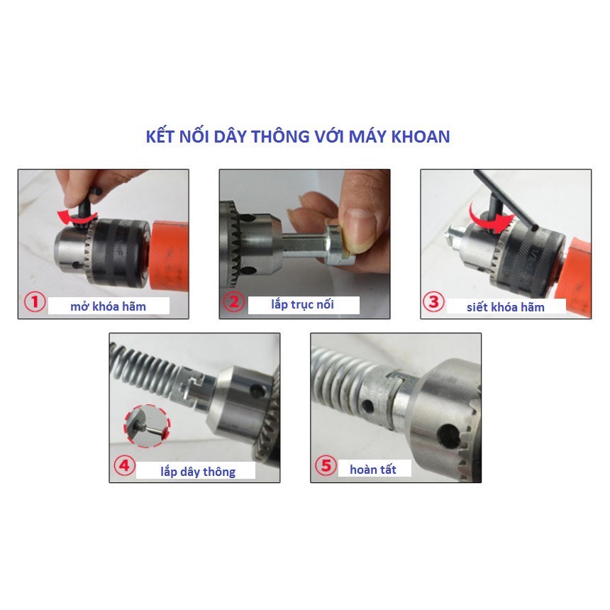 Dây Thông Tắc Cống Lò Xo Dùng Cho Máy Khoan ( Gồm Dây Lò Xo Phi 16 + 6 đầu thông + 1 đầu kết nối )
