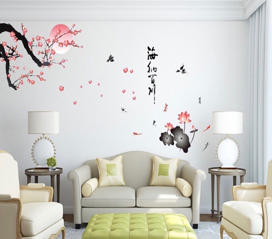 Decal tranh dán tường Hoa sen và cành đào