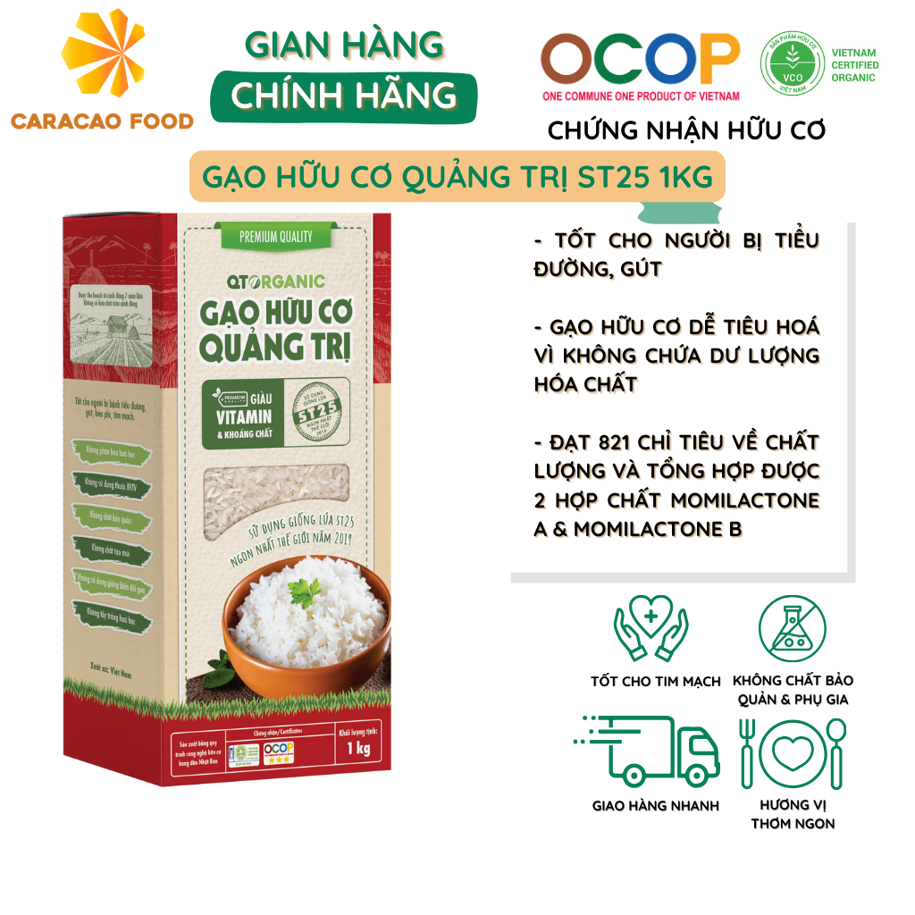 Gạo hữu cơ Quảng Trị ST25 1kg hộp - Caracao Food