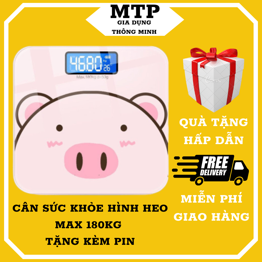 Cân điện tử sức khỏe gia đình 180kg hình chú heo, Tặng kèm pin AA, Cân điện tử cân người, Cân sức khỏe điện tử 180kg