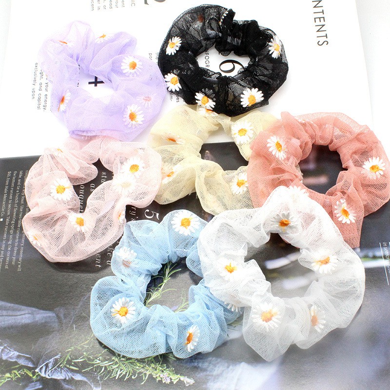 CỘT TÓC BUỘC TÓC VẢI SCRUNCHIES THÊU HOA CÚC