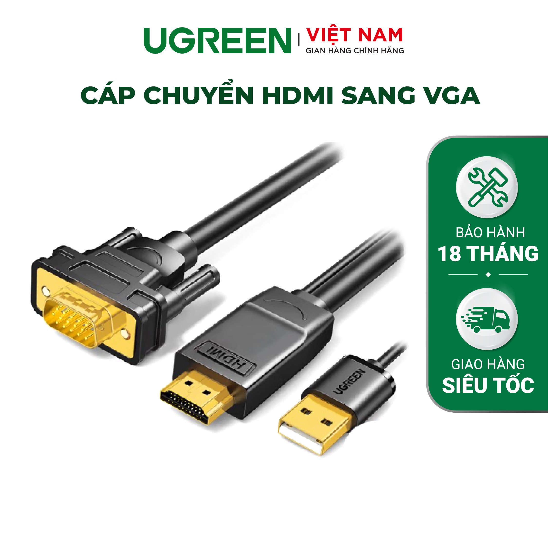 Cáp HDMI sang VGA UGREEN MM117 | dài 1.5m | Hỗ trợ cổng Micro USB | Bảo hành 18 tháng 1 đổi 1| 30449 40267