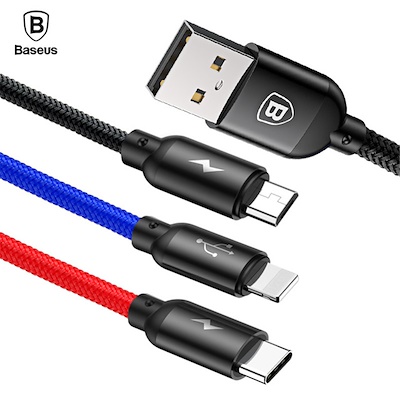 Cáp sạc 3 trong 1 Baseus  (3 cổng sạc Lightning, Micro USB và Type-C). Hỗ trợ sạc nhanh 3.5A