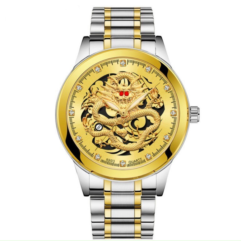 Đồng hồ thời trang Nam Rồng vàng có lịch - kim dạ quang sang trọng AA1