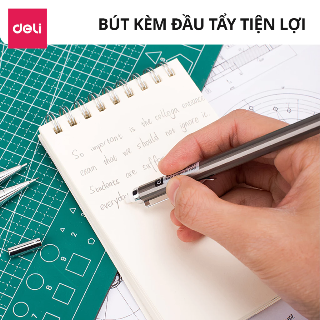 Bút chì kim bấm kỹ thuật 0.5mm/0.7mm Deli kèm đầu tẩy thân kim loại chắc chắn, chống hao mòn