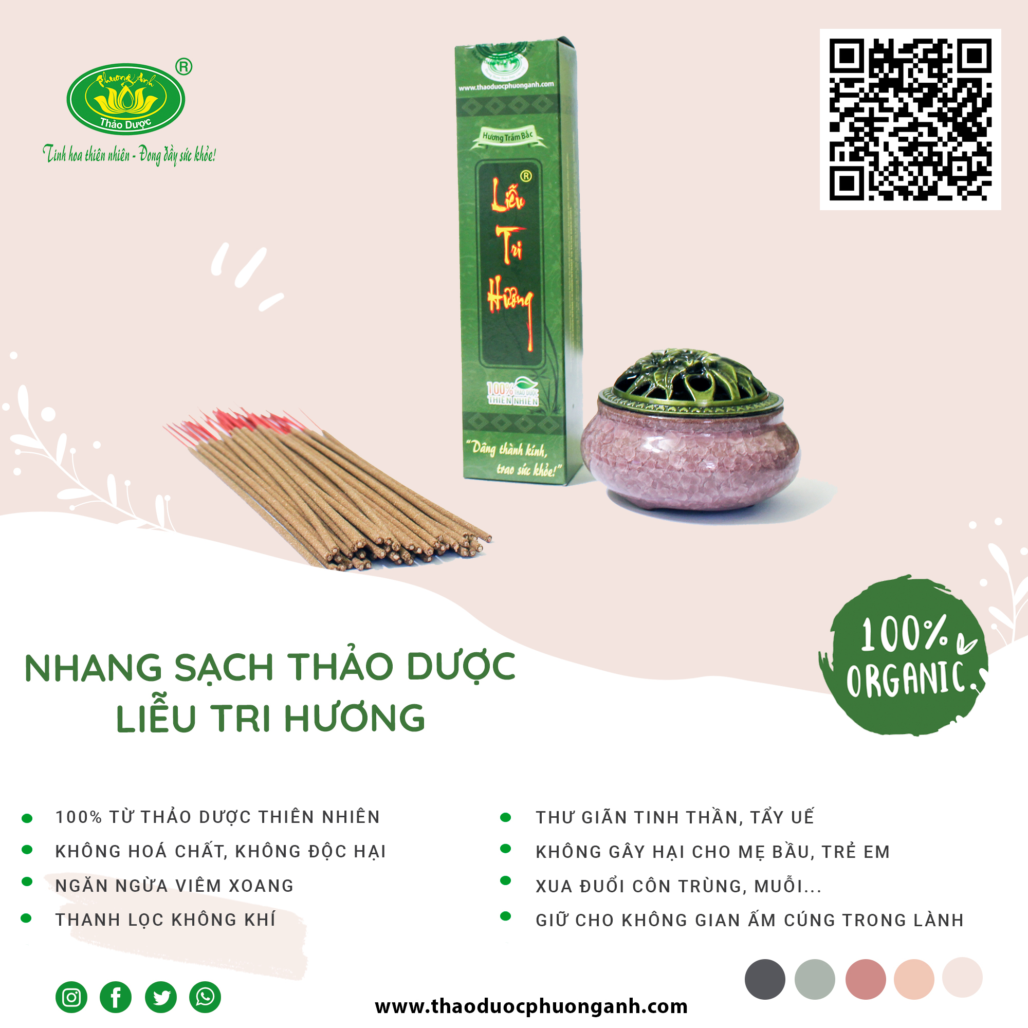 Nhang sạch thảo dược Liễu tri Hương 2 tấc 200 cây hương Trầm Bắc/Quế thời gian cháy 45 phút của Thảo Dược Phương Anh
