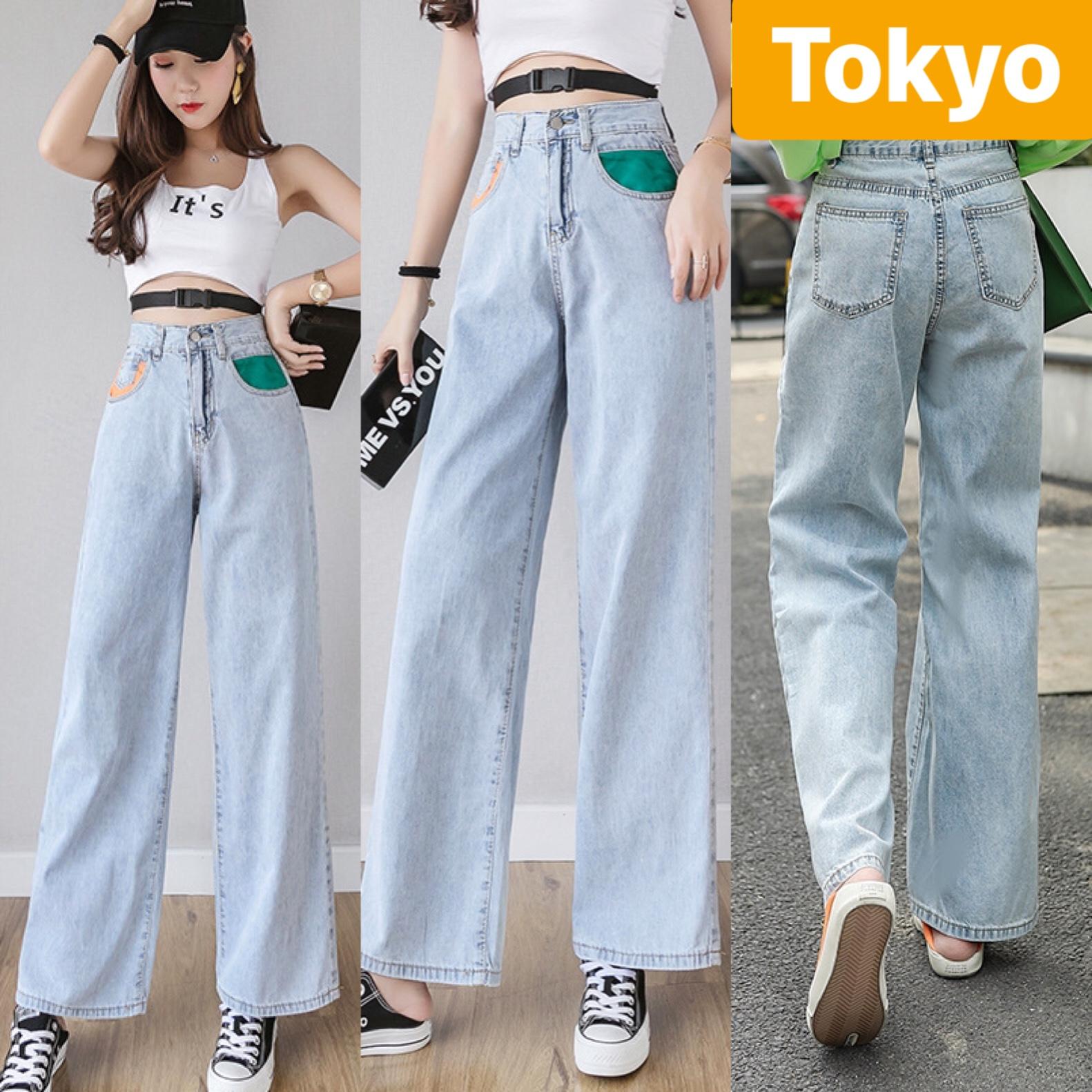 QUẦN JEAN BAGGY NỮ ỐNG RỘNG CHẤT BÒ XANH 2 TÚI CAM XANH DÀI SIÊU HOT LƯNG CAO NÂNG MÔNG TAMASHI TOKY-18 CAO CẤP - TOKYO FASHION