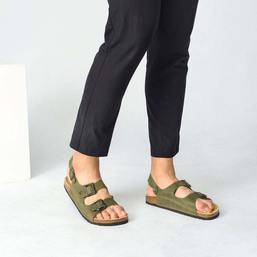 Giày Sandal Unisex 2 khóa da bò rêu đế trấu