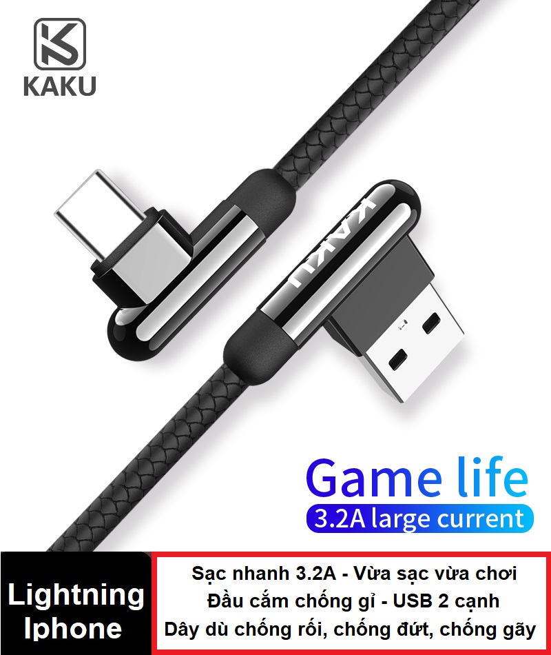 [HCM]Cáp sạc iphone chơi game KAKU - Sạc nhanh 3.2A - Dây dù chống đứt gãy - USB 2 cạnh - Cáp sạc nhanh chơi game lightning cho iphone Ipad - Cáp sạc iphone góc vuông - Cáp sạc vuông góc