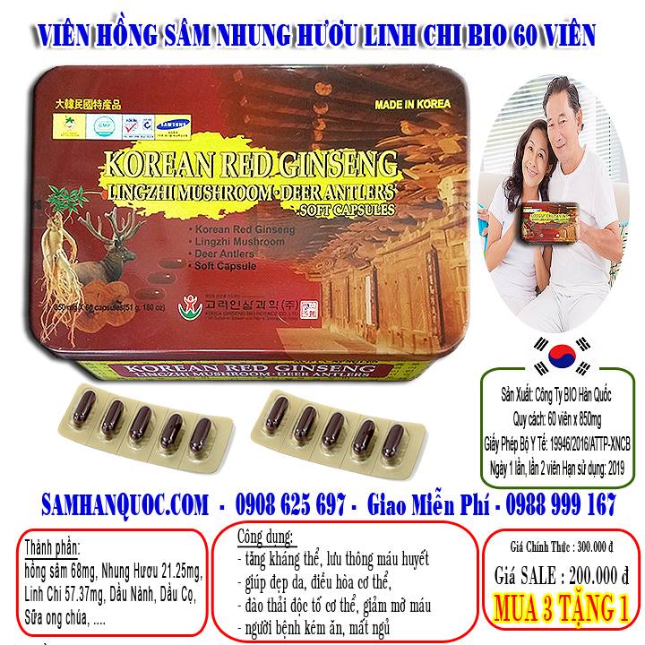 Date mới 2027 combo 2 hộp viên hồng sâm nhung hươu linh chi bio 60 viên/hộp x 2