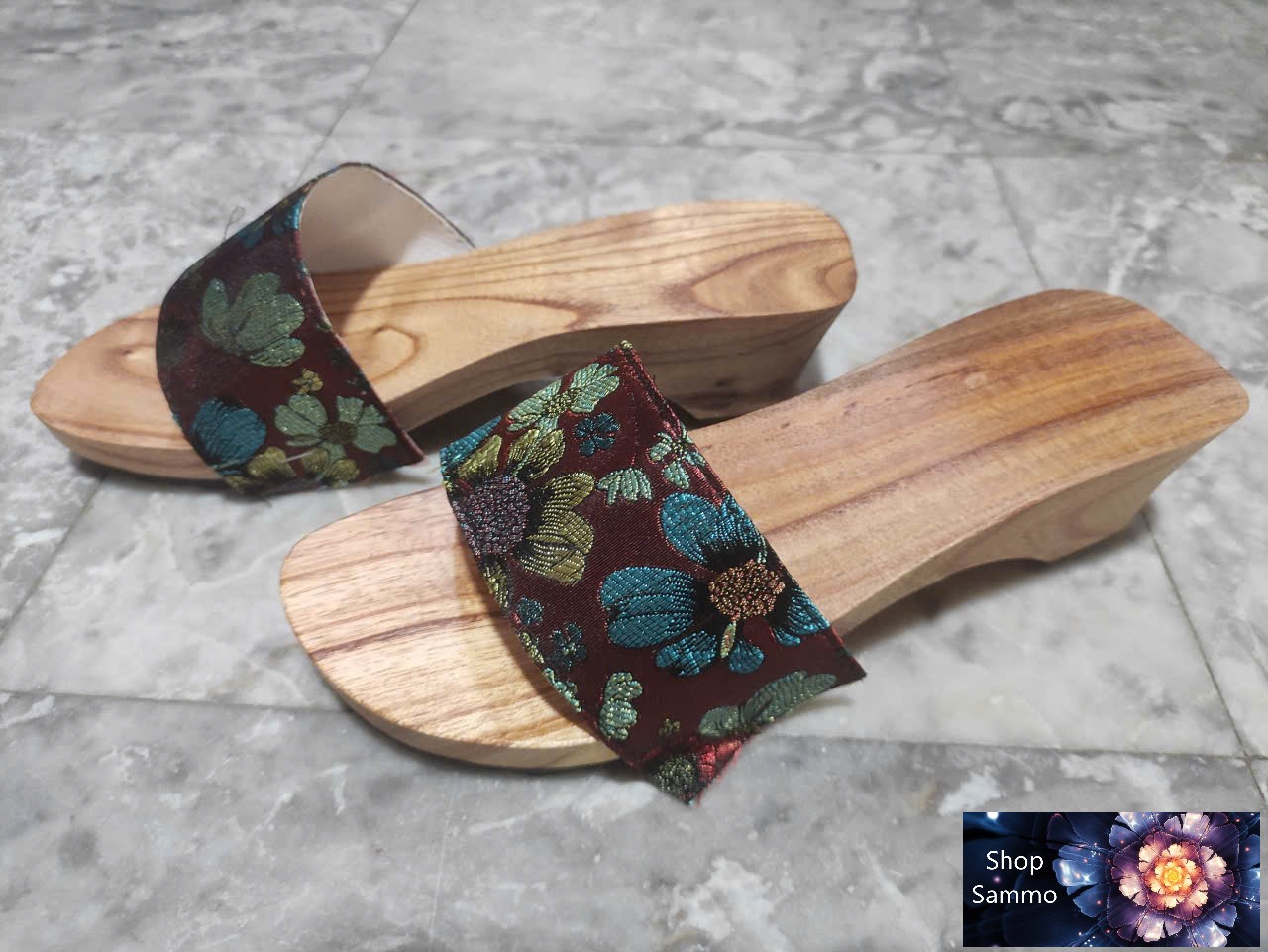 Guốc Gỗ Guốc Mộc Cao 5 Phân Quai Gấm Lụa ( Có đóng thêm đế cao su )