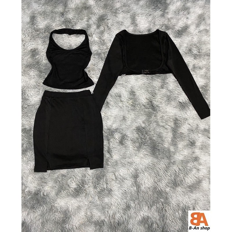 Set 3 món tay dài phối khóa bóp ôm body chất vải thun gân len 4 chiều Free SIze 40-52kg dành cho nữ sexy cá tính