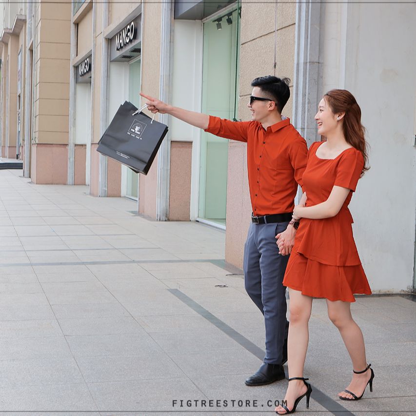 Áo sơ mi váy cặp màu cam gạch siêu hot đủ size( xem bảng size)