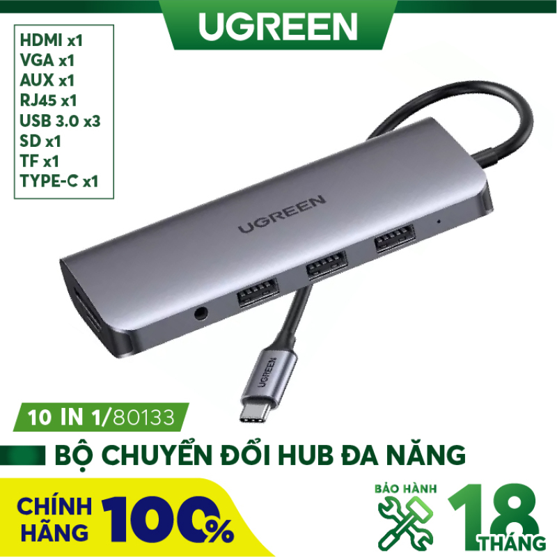 Bảng giá Bộ Chuyển USB C 10 in 1 UGREEN 80133 USB C sang 3 USB 3.0+HDMI 4K + VGA + RJ45 Gigabit + SD/TF + Audio 3.5mm + PD Power Delivery - Hàng phân phối chính hãng - Bảo hành 18 tháng Phong Vũ