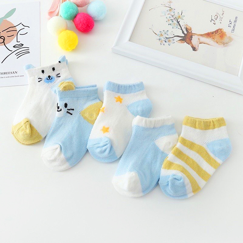 Tất cho bé gái và bé trai 0-2 tuổi họa tiết hình mèo đáng yêu Baby-S, Set 5 tất lưới cho bé chất cotton co giãn tốt – ST002