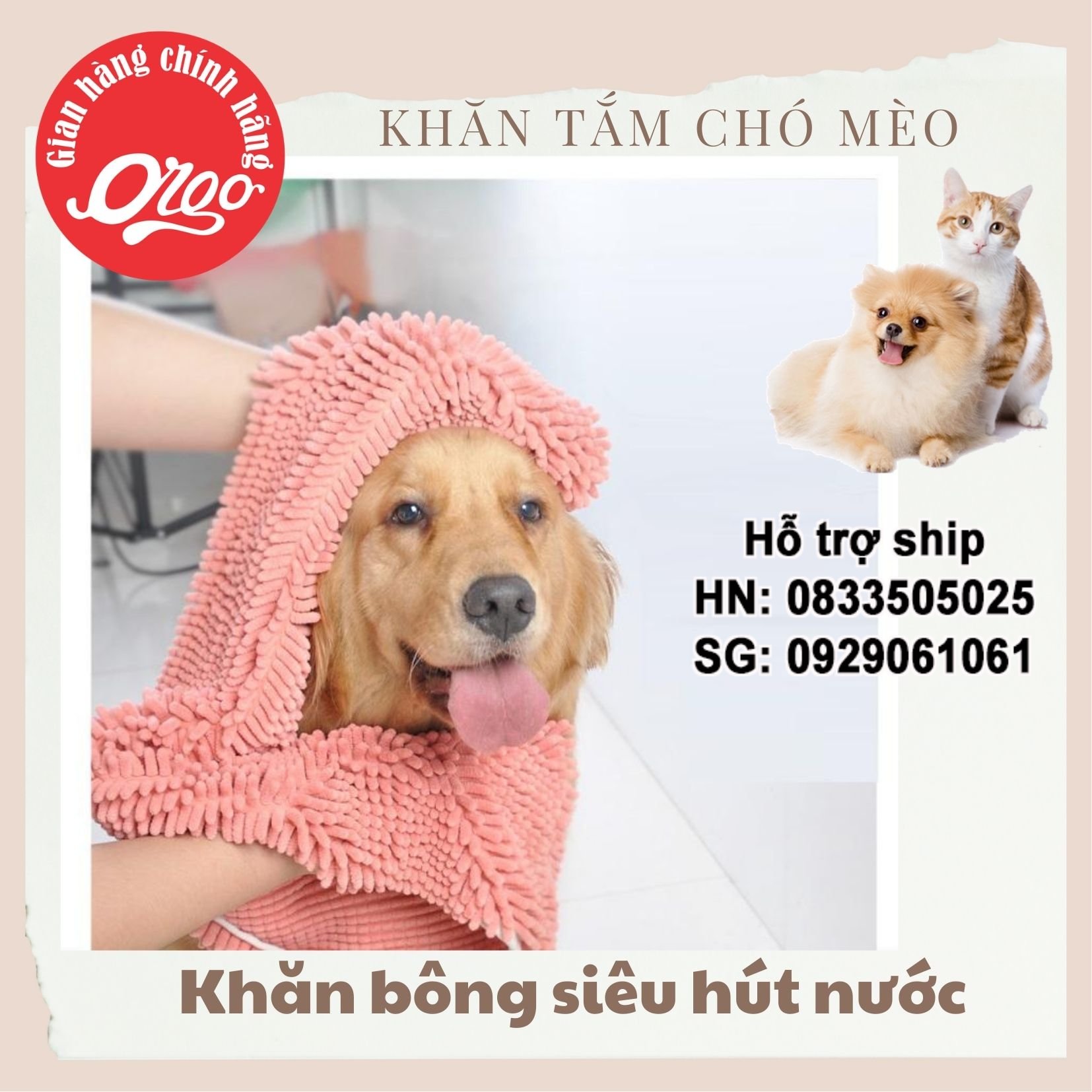 Orgo - Chăm sóc chó mèo - Khăn tắm chó siêu thấm khăn bông lau mình cho chó mèo loại khăn thấm hút nước rất tốt
