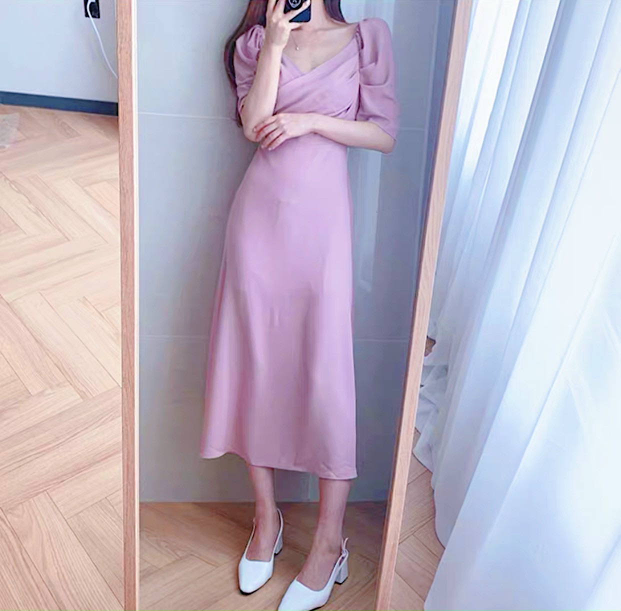 Đầm tay phồng thắt eo 2 màu
