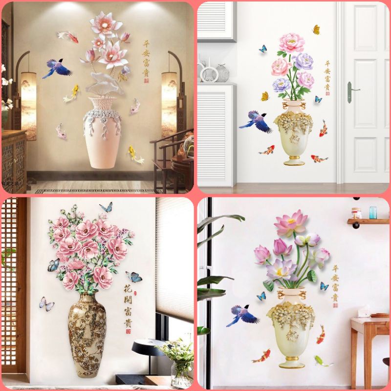 Decal dán tường bình hoa, công trang trí phòng khách