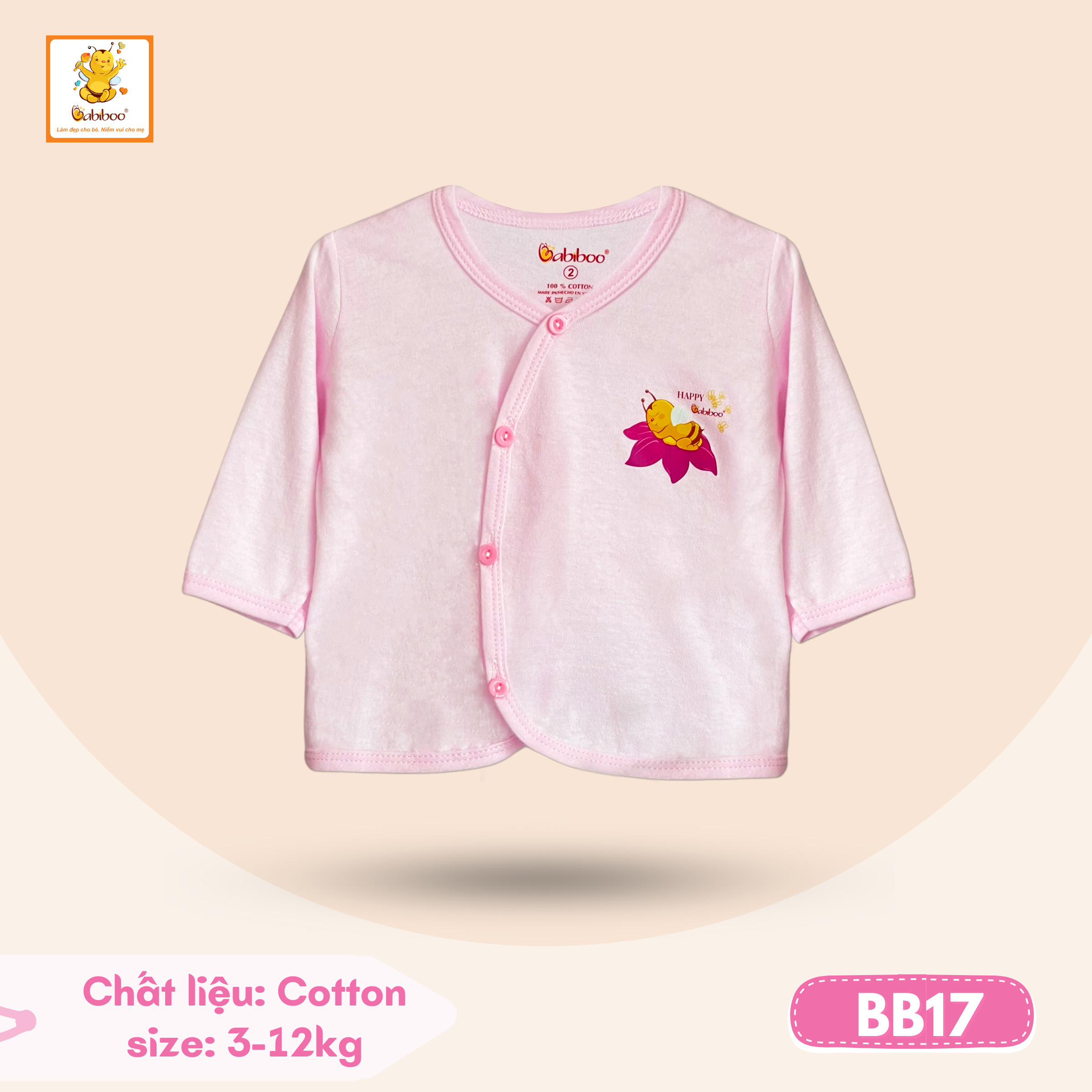 Đồ sơ sinh bé trai bé gái BABIBOO áo sơ sinh dài tay cổ tim, vải cotton mềm mịn an toàn cho da-BB17