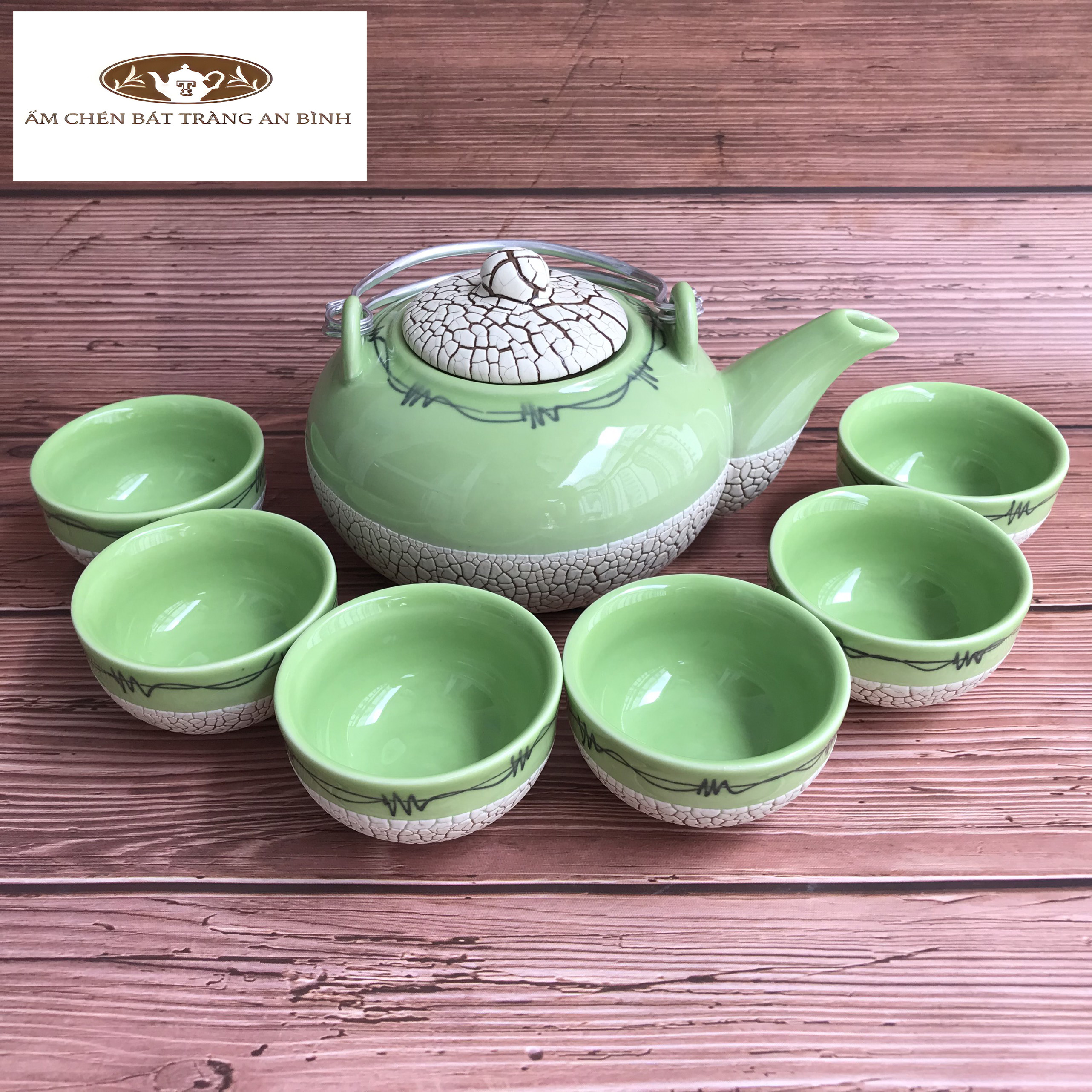 Bộ ấm chén gốm sứ Bát Tràng men Rạn Xanh Tròn