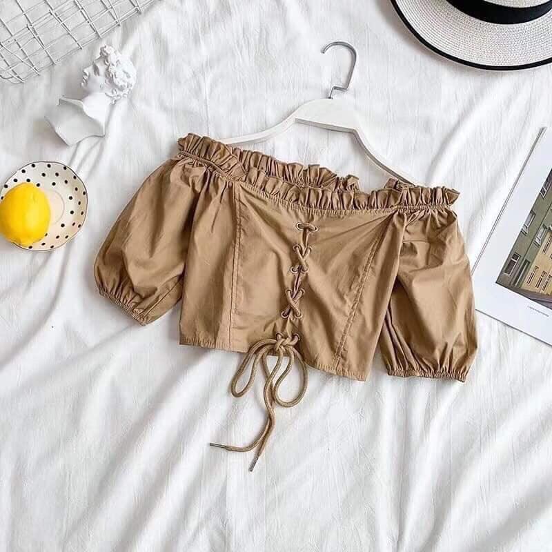 Áo voan kiểu bẹt vai tay phồng phối đan dây ở giữa mẫu mới siu hot ttsl0096