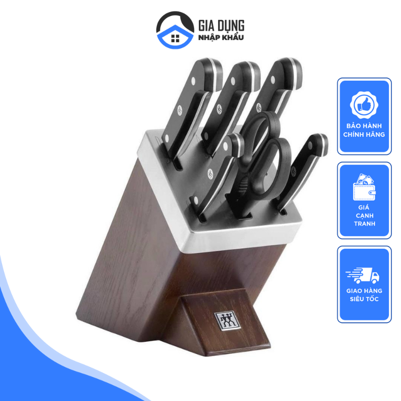 Bộ dao tự mài zwilling gourmet 7 món, chất liệu thép không gỉ bền đẹp, tay cầm chống trượt, dock tự mài bằng gỗ sồi, nhập đức, bh 12 tháng