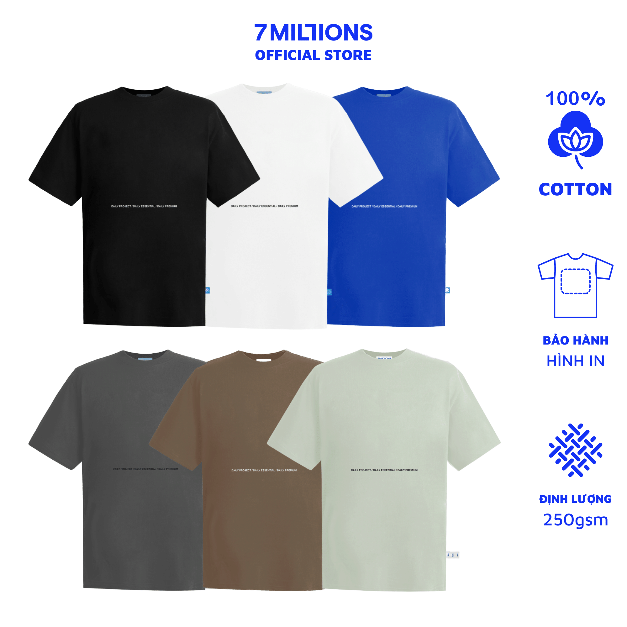 Áo thun unisex cổ tròn 7millions daily premium - 6 màu - 100% cotton 4 chiều - form oversize.