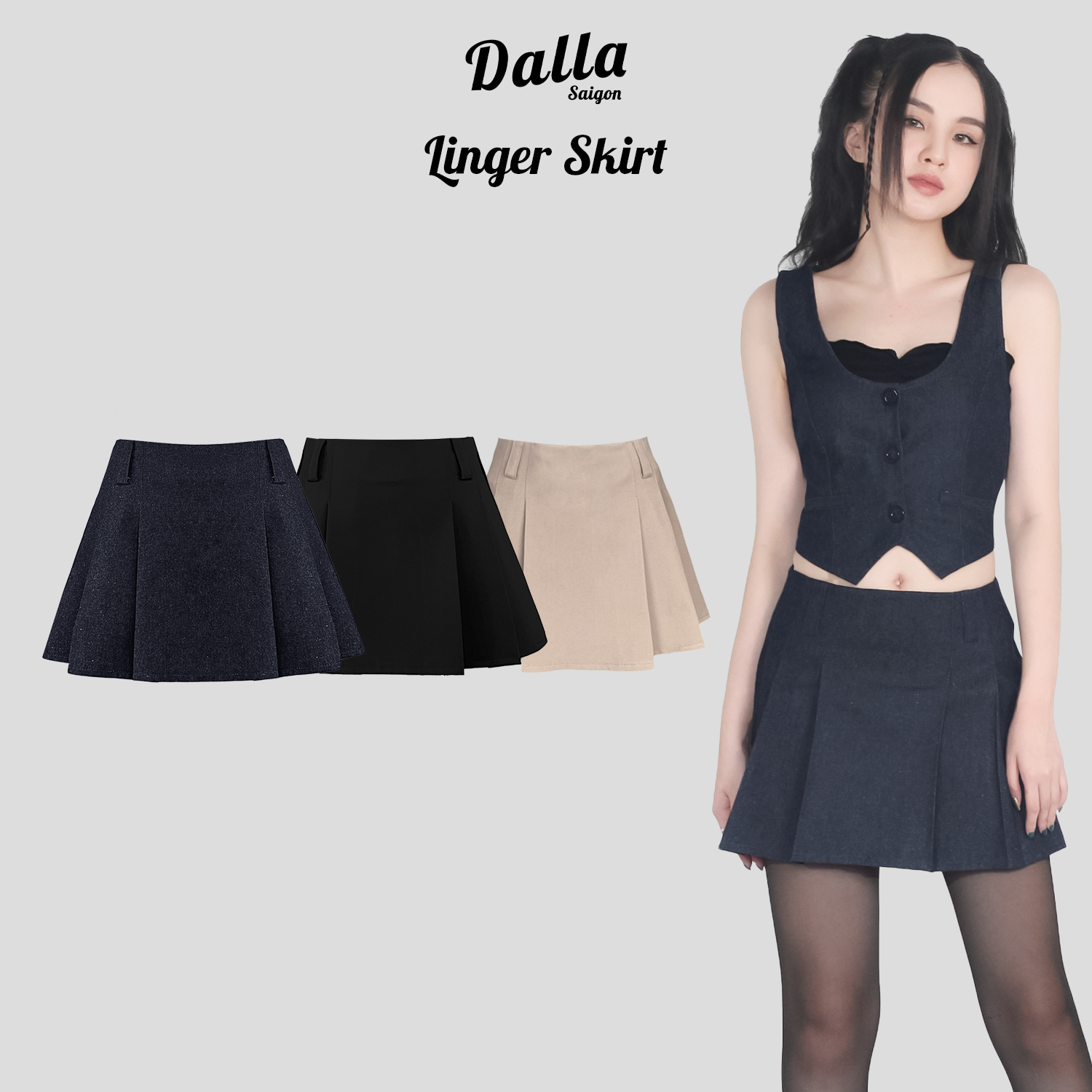 DALLA Chân váy xếp ly cạp thấp (CV01)
