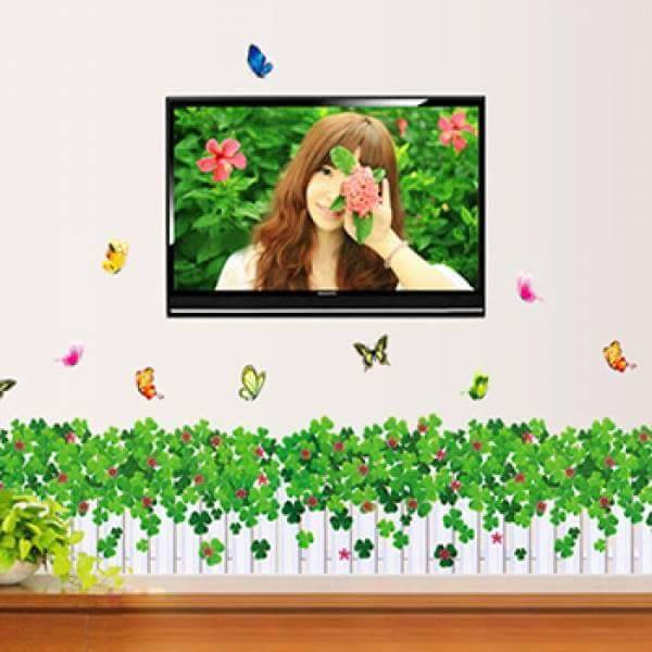 Decal dán tường hàng rào cỏ 3 lá tranh dán tường hình cỏ ba lá may mắn dán chân tường cho bé