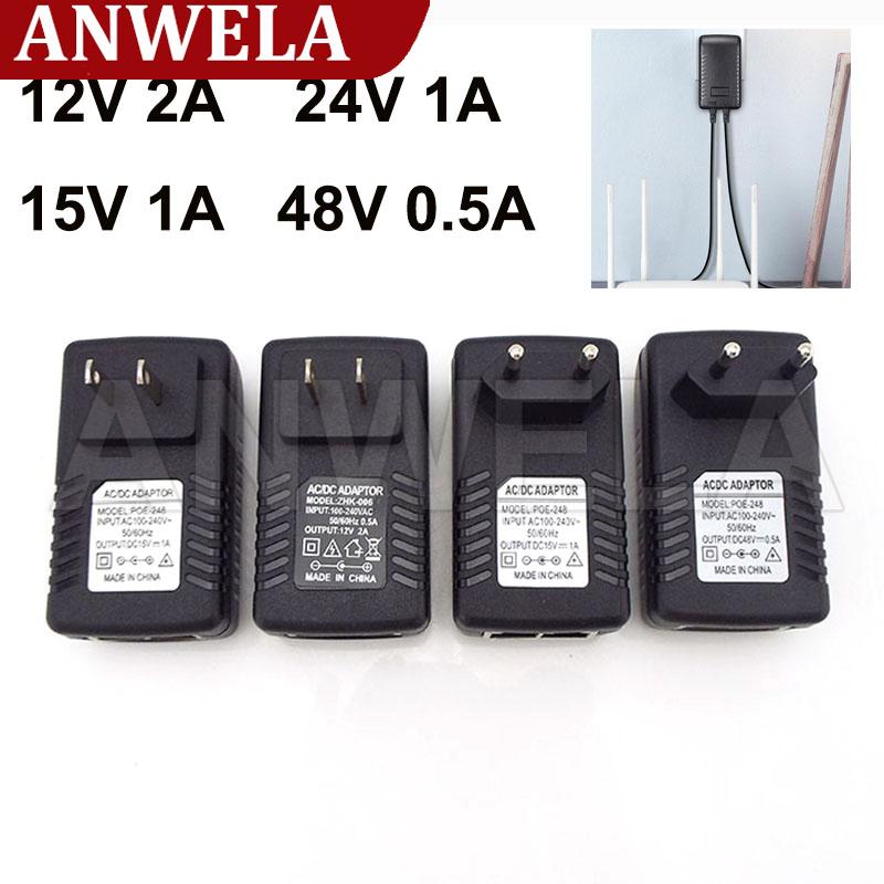 Anwela shop ac 220v dc 12v 2a 48v 0.5a 24v 1a 15v 1a 24w poe power supply injector adapter plug over ethernet eu/us wall plug cctv ip camera