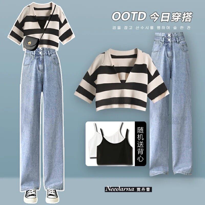 Set Baggy jeans ống suông 2 nút + set 2 món áo montoghi sọc