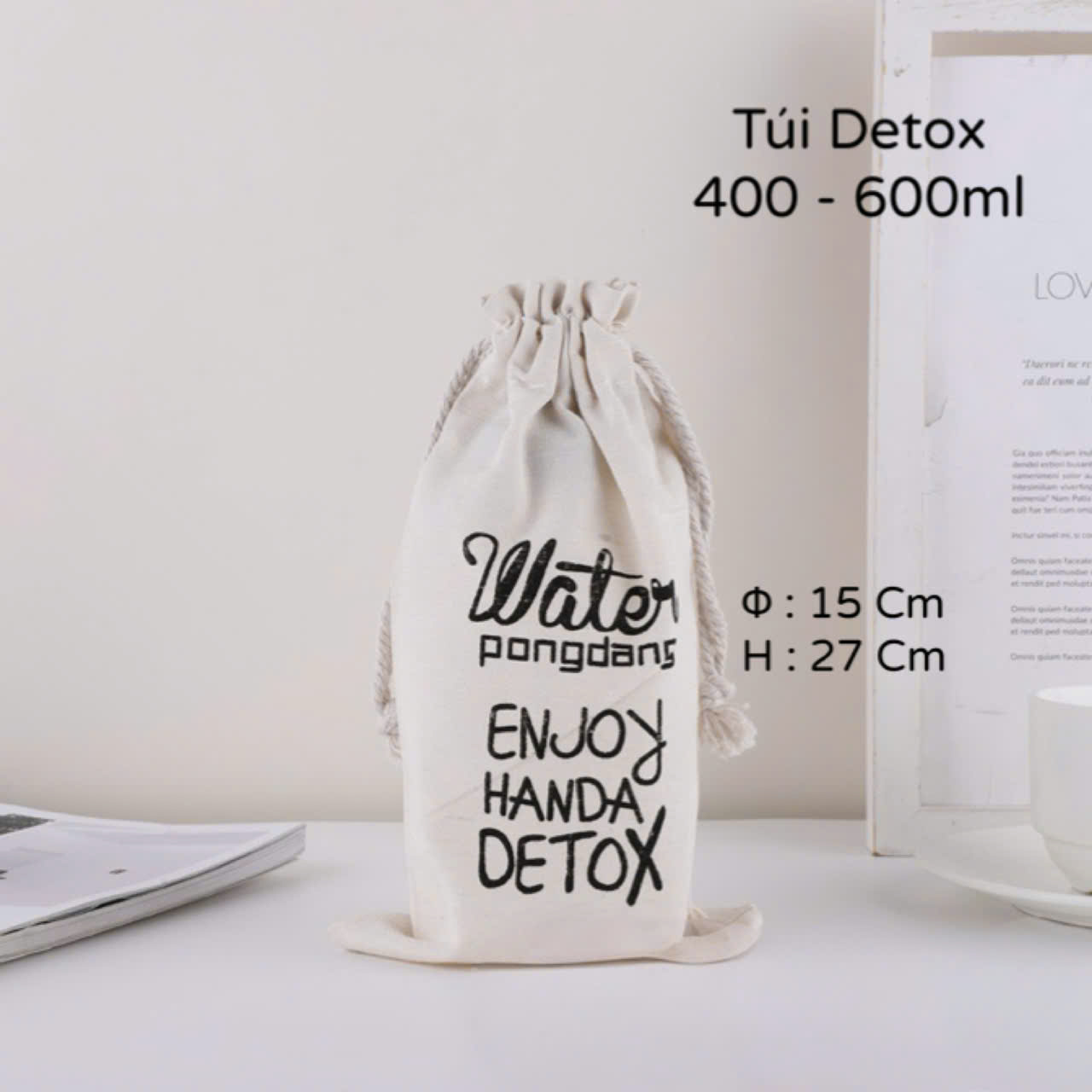 Túi Vải Dùng Đựng Bình Nước Detox 600 Ml