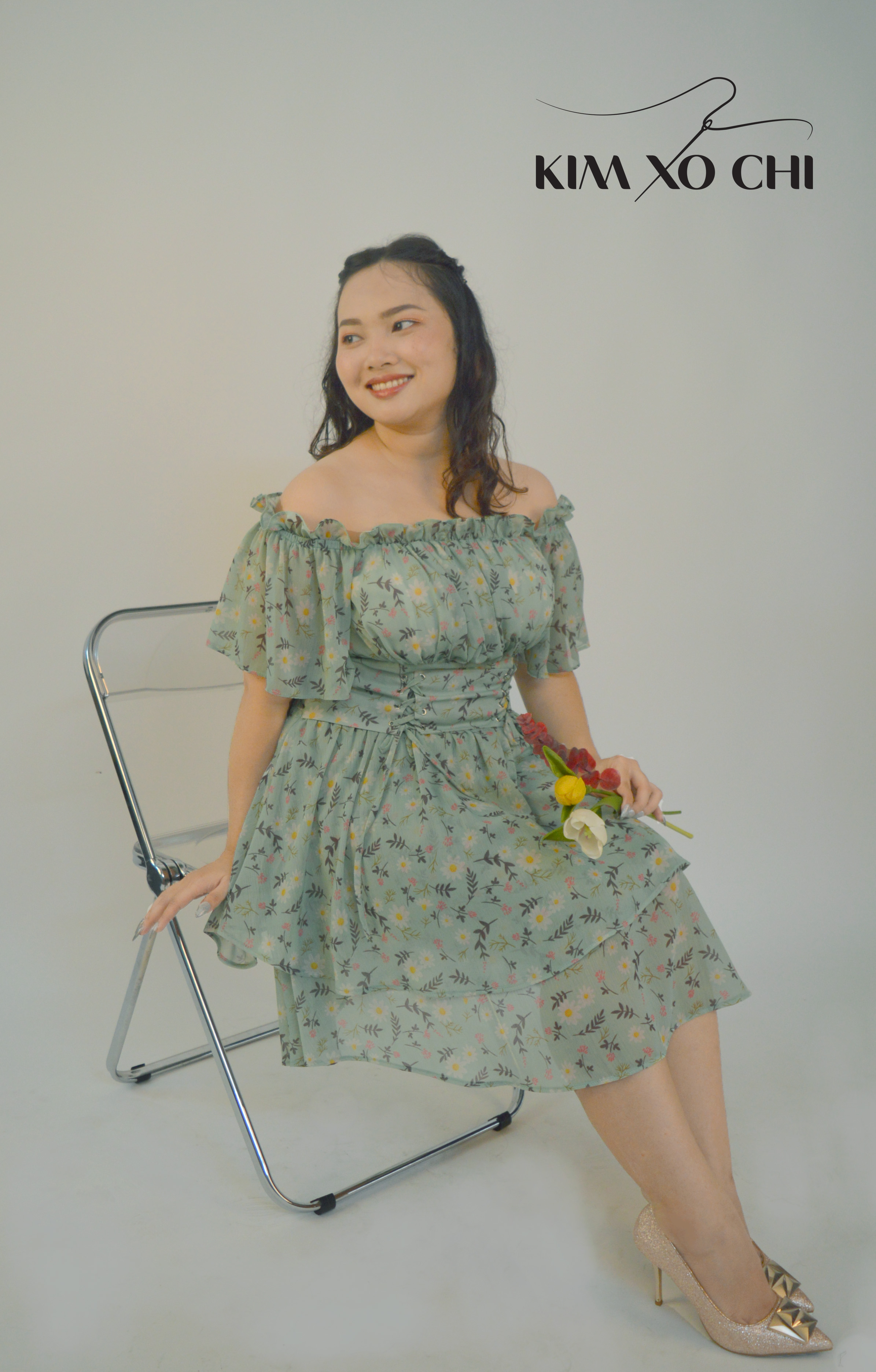 Đầm bigsize trễ vai họa tiết in hoa