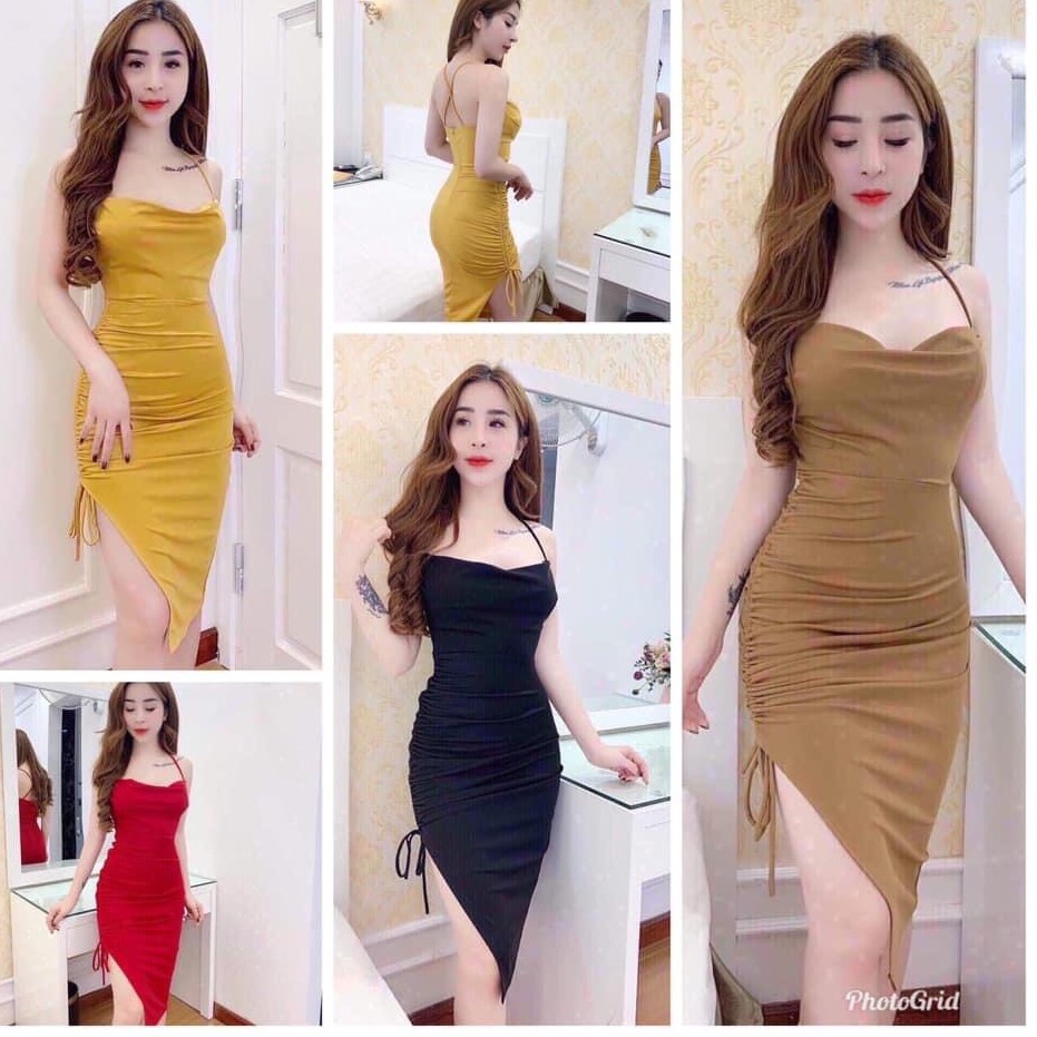 Đầm Body Cổ Đổ Dây Rút Dọc Eo Sang Chảnh