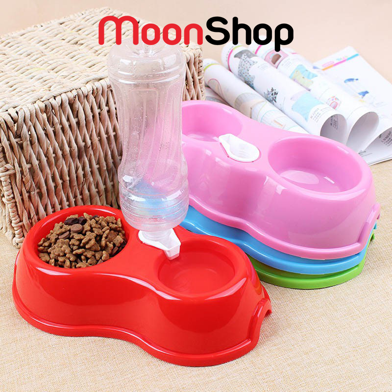Bát ăn cho mèo, chó, bát ăn đôi có chỗ gắn bình nước