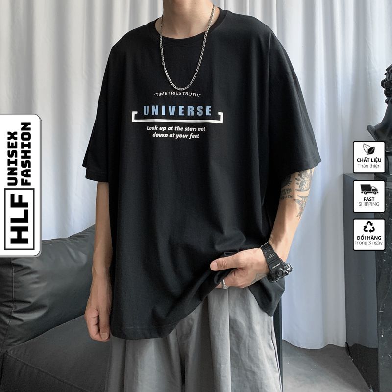 Áo phông nam form rộng chữ universe, áo thun tay lỡ HLFashion