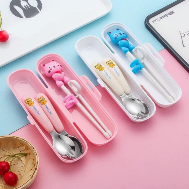Bộ đũa thìa dĩa ăn dặm inox happy cat cho bé