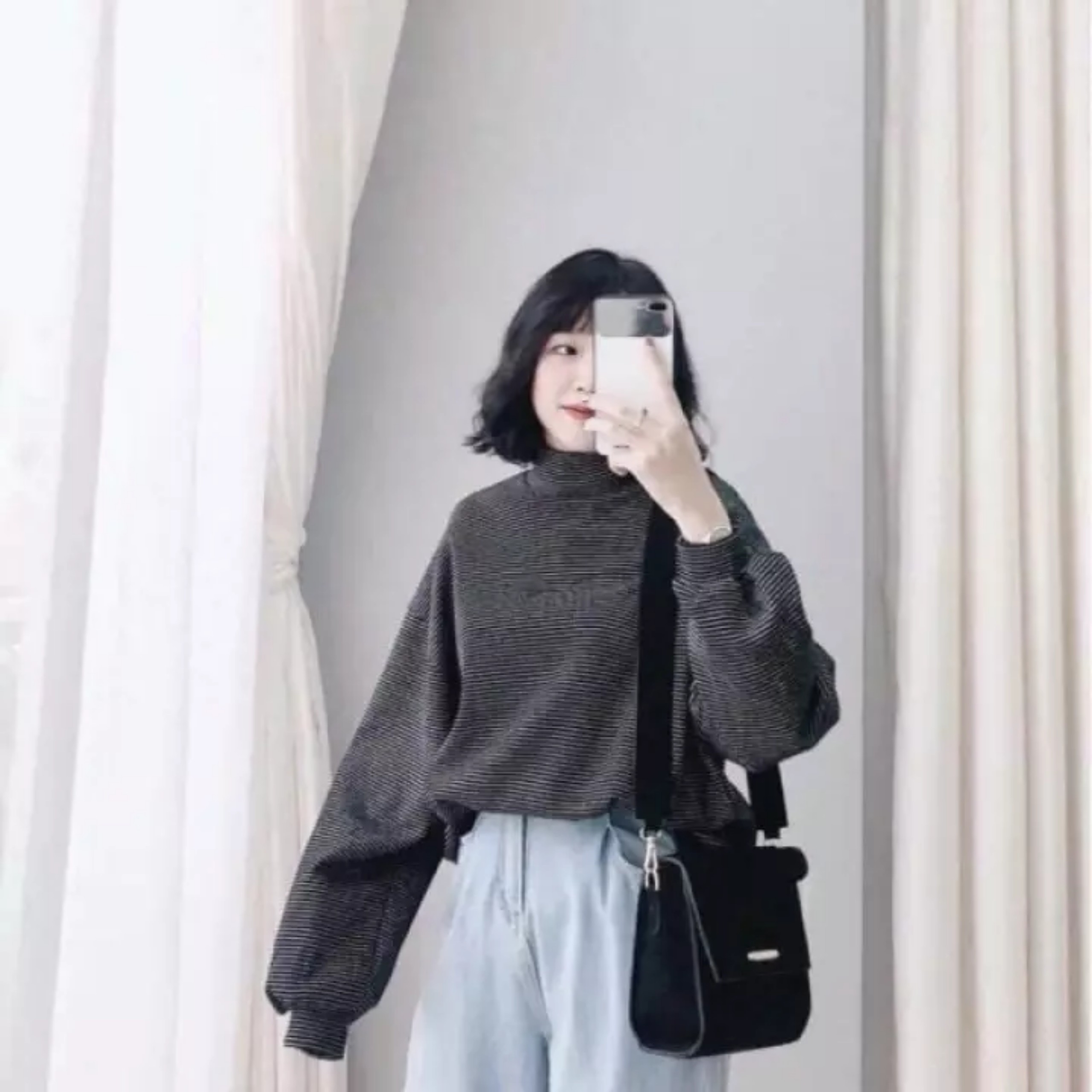 ÁO NỈ KẺ CỔ LỌ TAY BOM