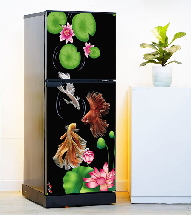 Decal cao cấp chống thấm dán tủ lạnh - koi hoa sen